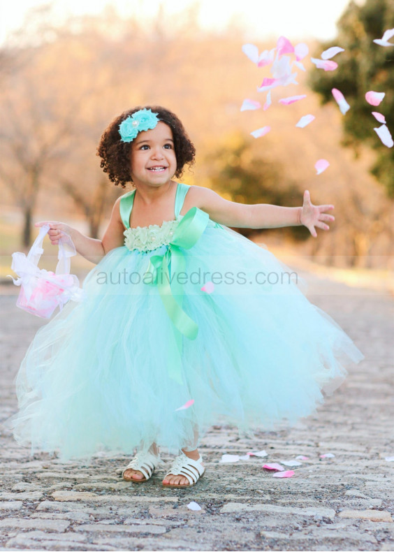 Aqua Mint Tulle Crochet Flower Girl Dress